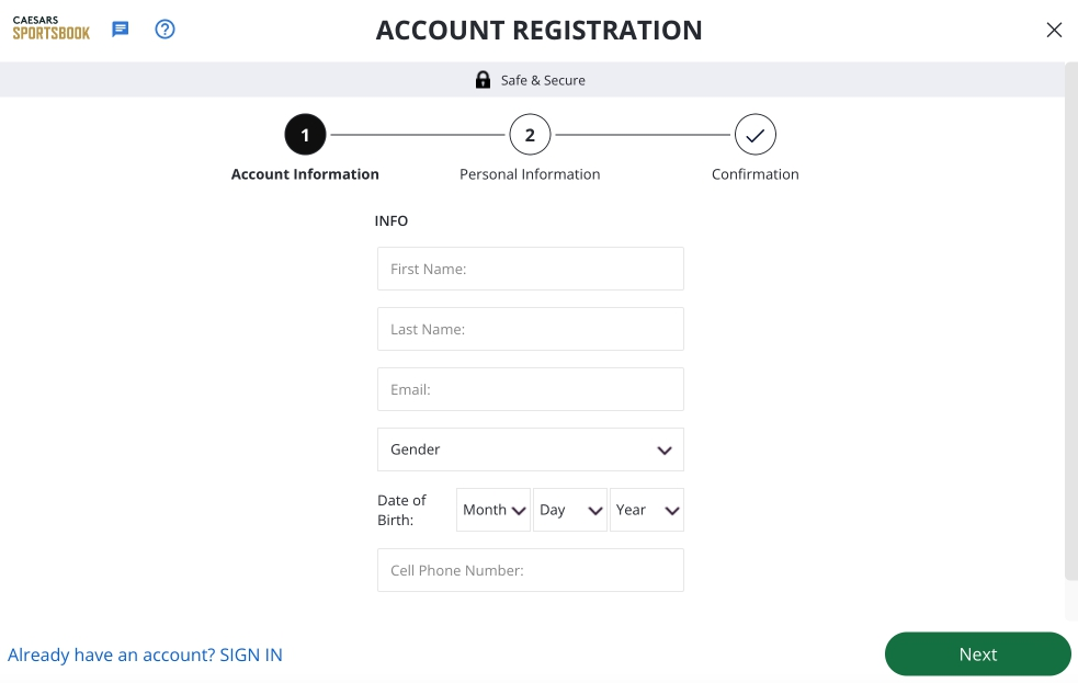 Account Registration at Caesars