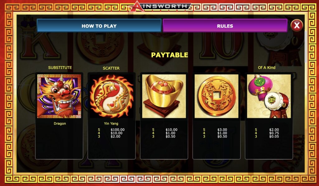 Dragon Lines Paytable