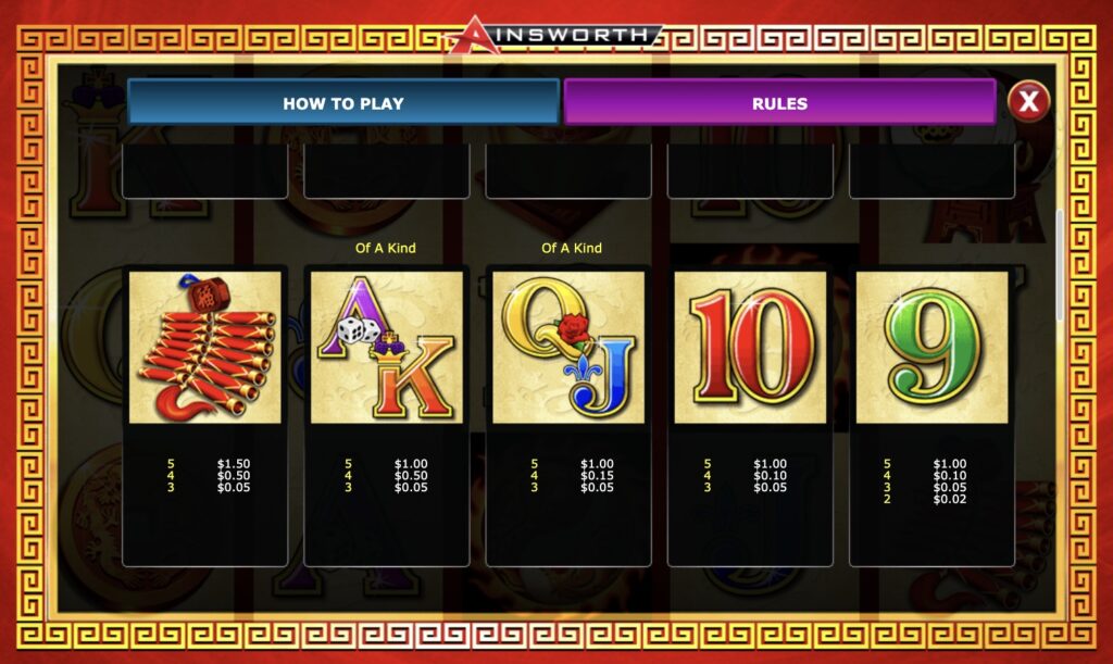 Dragon Lines Slot Paytable