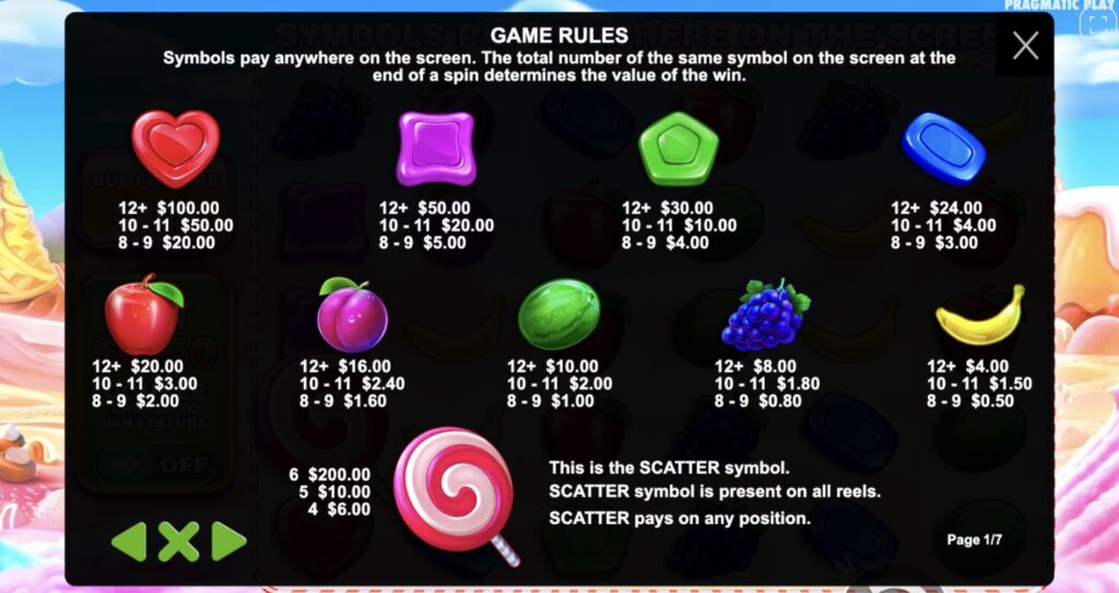 Sweet Bonanza Slot Paytable