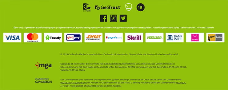 Casilando Einzahlung und Auszahlung