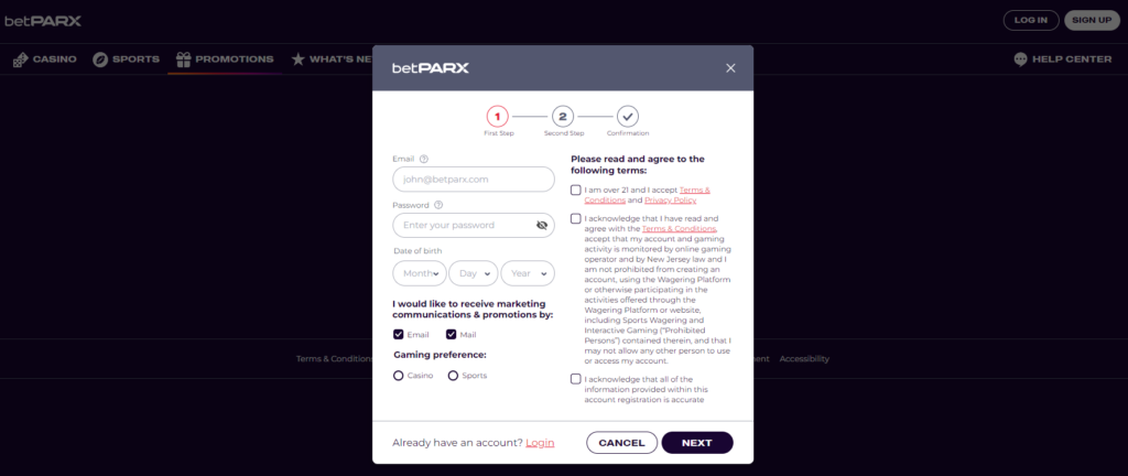 betParx Registration process