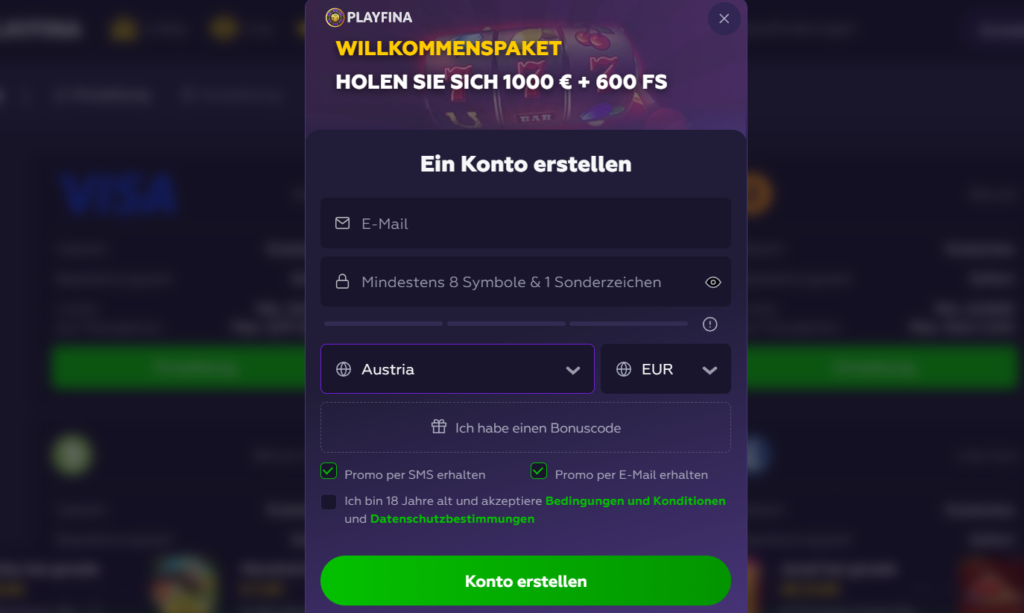 Melden Sie sich im Playfina Casino an